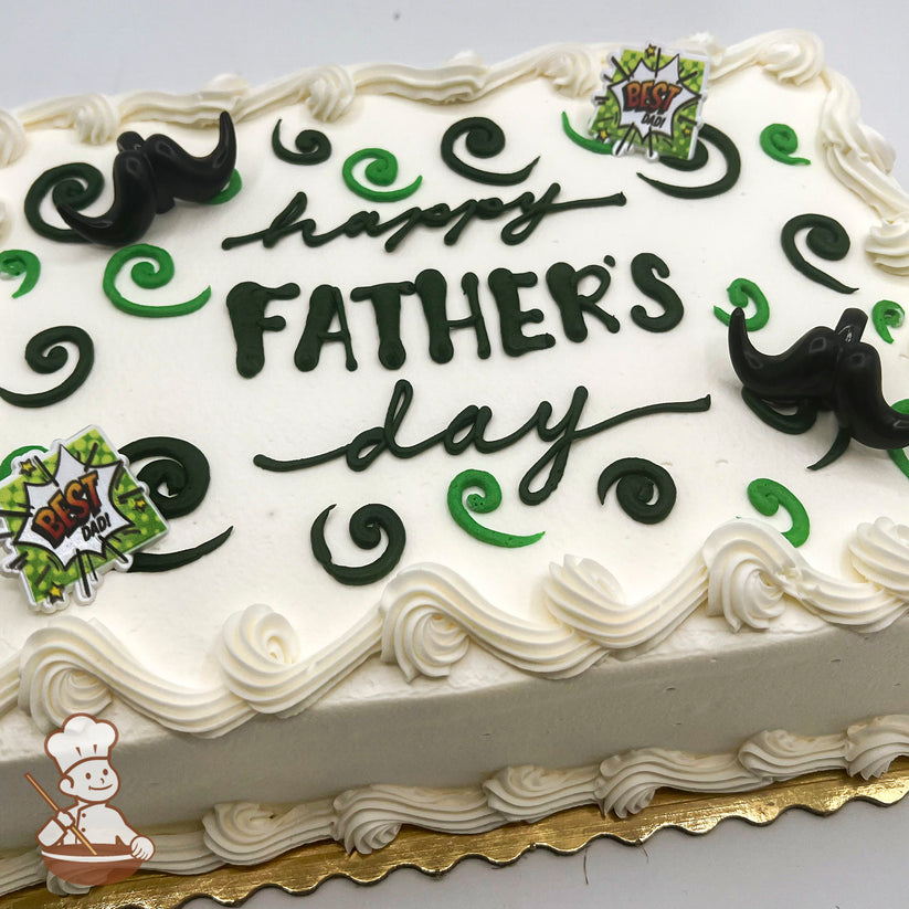Sheet cake with white frosting, green scroll decorations, plastic black mustache toppers, and "Best Dad" comic-style plastic decorations.