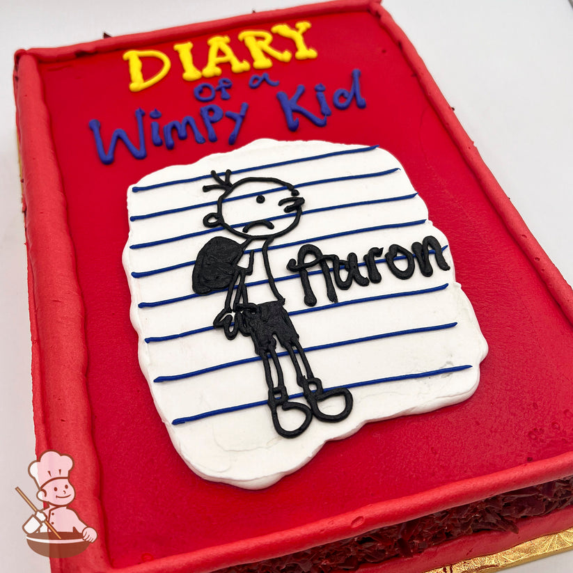 Sheet cake with red icing, featuring a hand-piped "Diary of a Wimpy Kid" design, including a black-and-white character on a lined paper background.