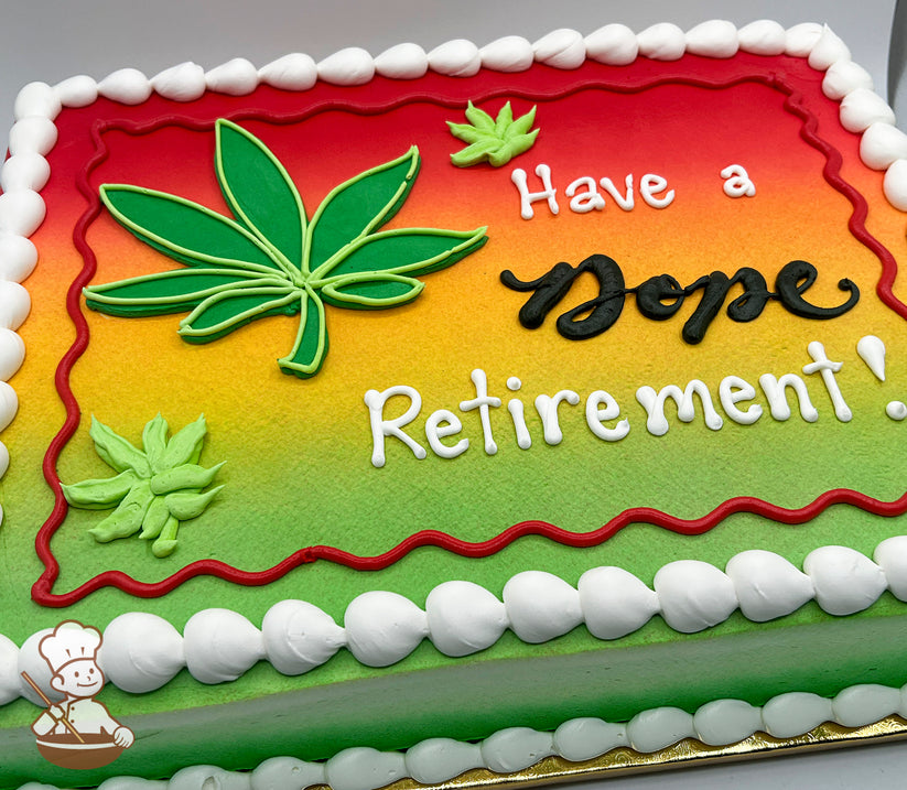 Sheet cake with a red, yellow, and green gradient, decorated with hand-piped marijuana leaves, white frosting border, and red icing accents.