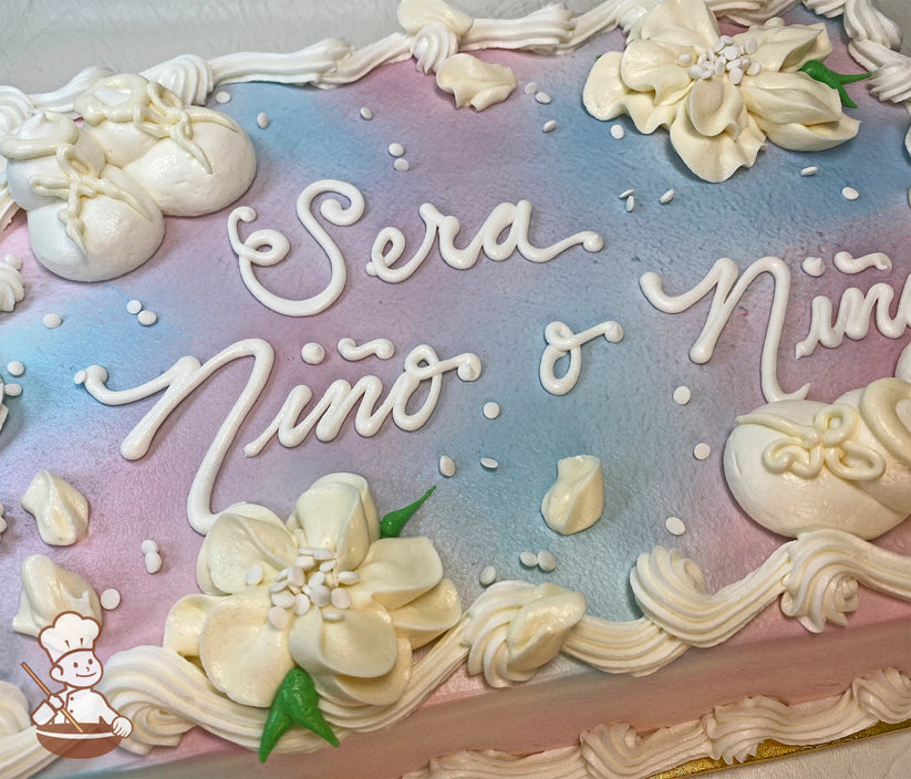 Sheet cake with pastel blue and pink gradient, decorated with hand-piped white baby booties, blossoms, and a piped border.