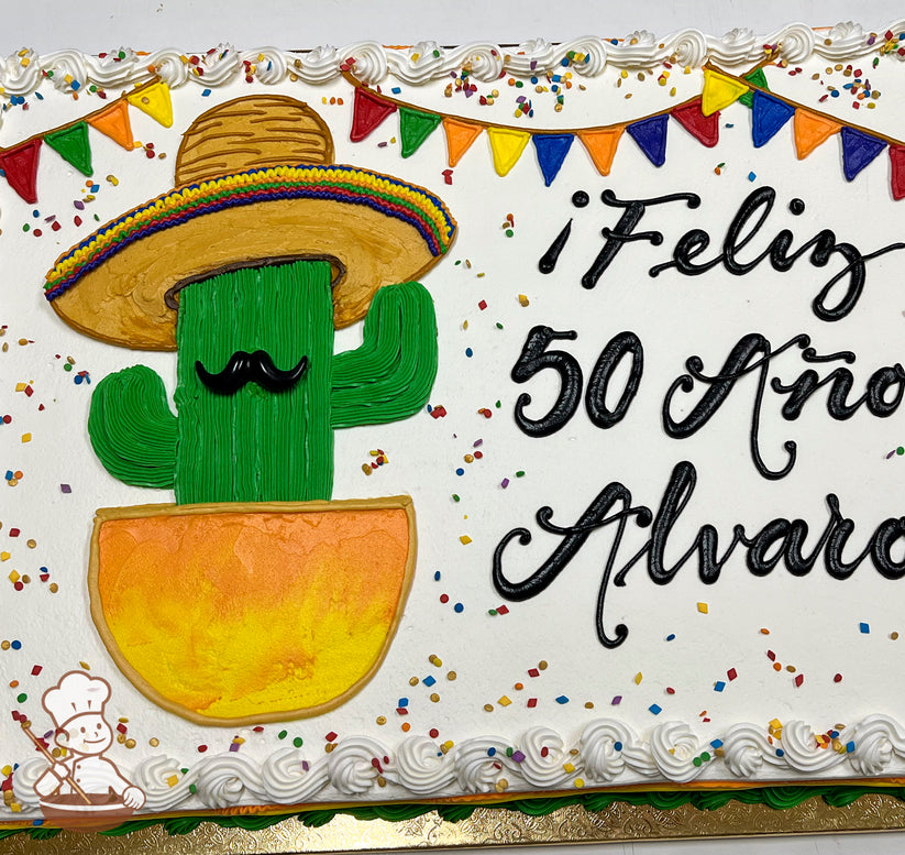 Sheet cake with buttercream decorations, featuring a hand-piped cactus in a sombrero and pot, colorful banner, confetti sprinkles, and piped white border.