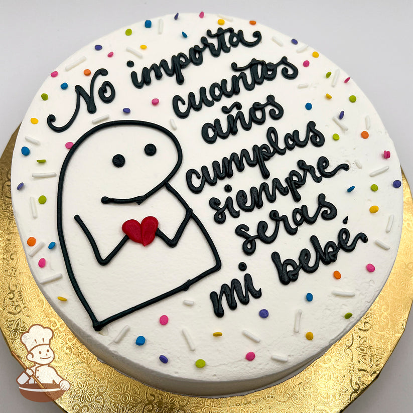 Round cake with white frosting, a hand-piped Flork meme holding a red heart, surrounded by colorful sprinkles on a gold base.