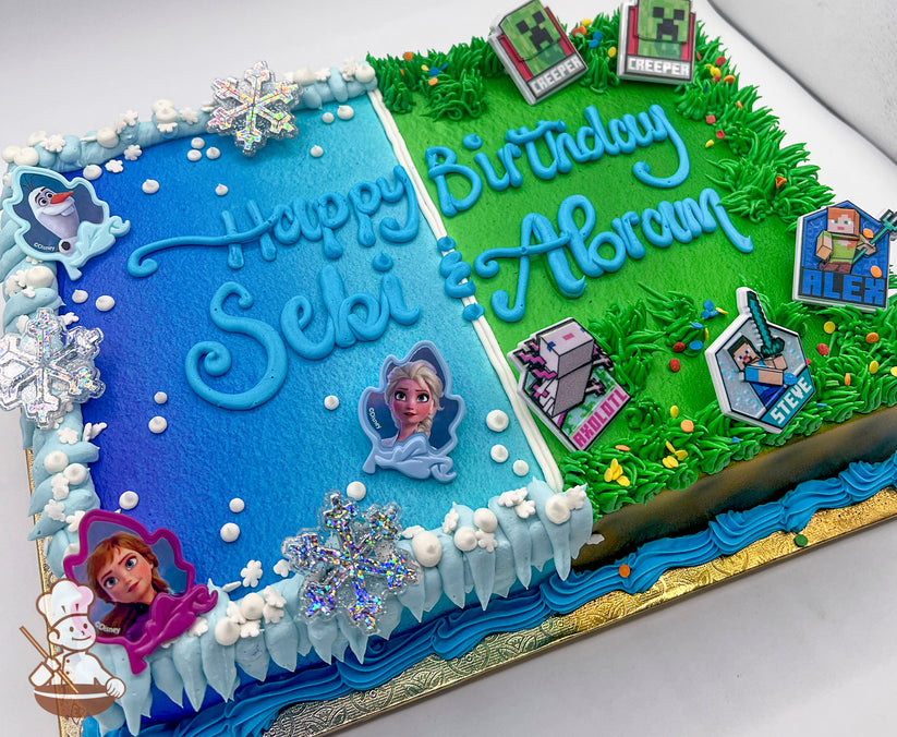 A sheet cake split into two themes: Frozen on the left with blue icing, hand-piped ice, plastic snowflakes, and Frozen character rings; Minecraft on the right with green icing, hand-piped grass, and plastic Minecraft character rings.