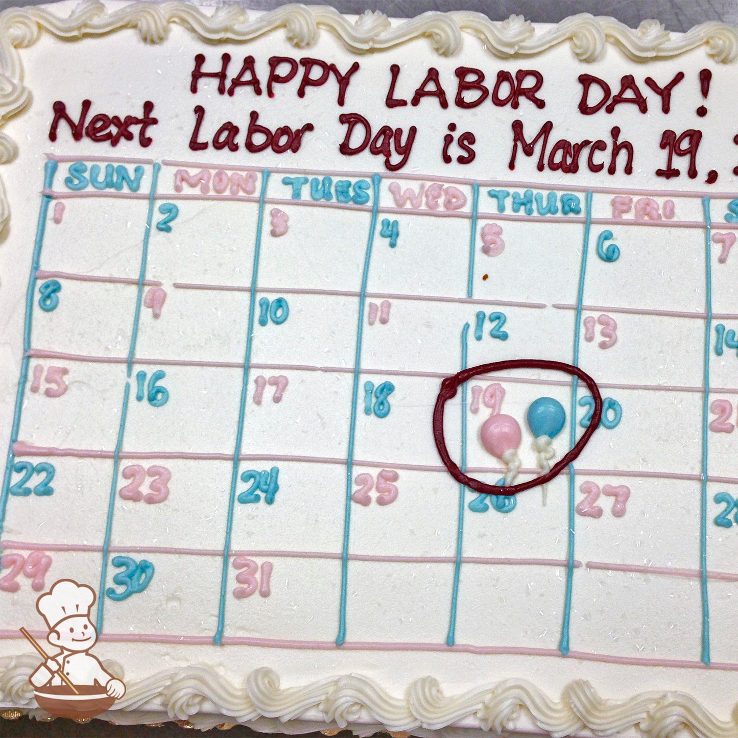 Sheet cake with a calendar design in blue and pink icing, featuring mini pink and blue balloon decorations. The 19th is circled in red icing.