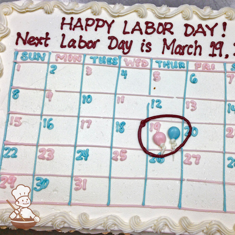 Sheet cake with a calendar design in blue and pink icing, featuring mini pink and blue balloon decorations. The 19th is circled in red icing.