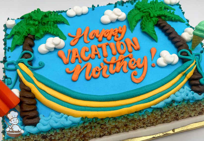 Sheet cake with blue icing, palm trees, clouds, and waves. A hammock is depicted with yellow and teal icing. Plastic toy popsicle on the side.