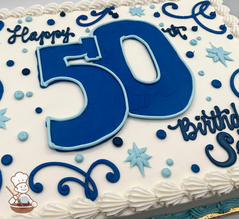 Sheet cake with white frosting, decorated with a large blue "50," blue and light blue dots, stars, and scrolls. White piped border.