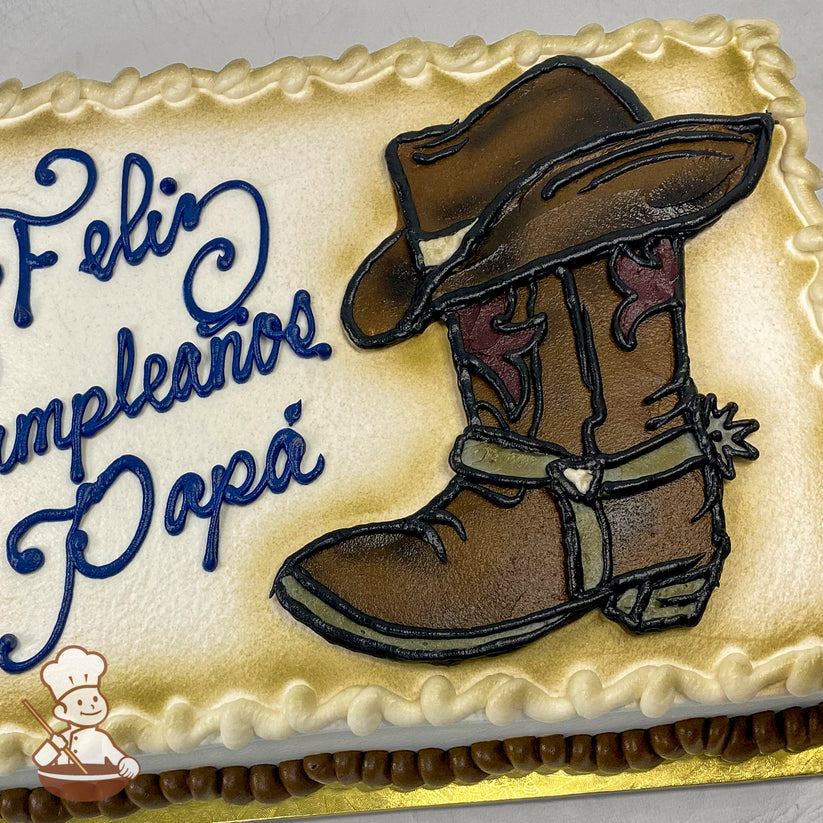 Sheet cake with buttercream cowboy boot and hat decoration, bordered with piped icing.