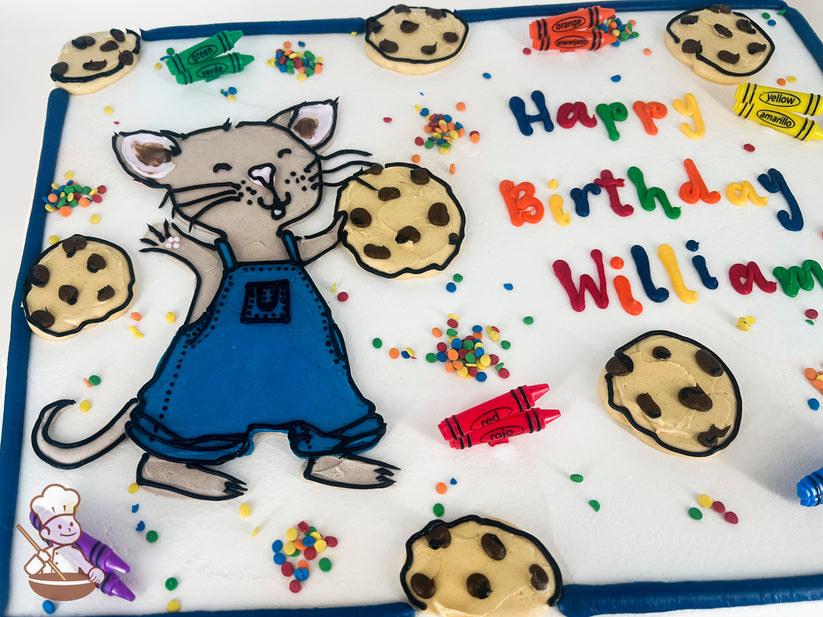 Sheet cake with a cartoon mouse in blue overalls holding a cookie, surrounded by cookie decorations, colorful sprinkles, and plastic Crayola crayons.