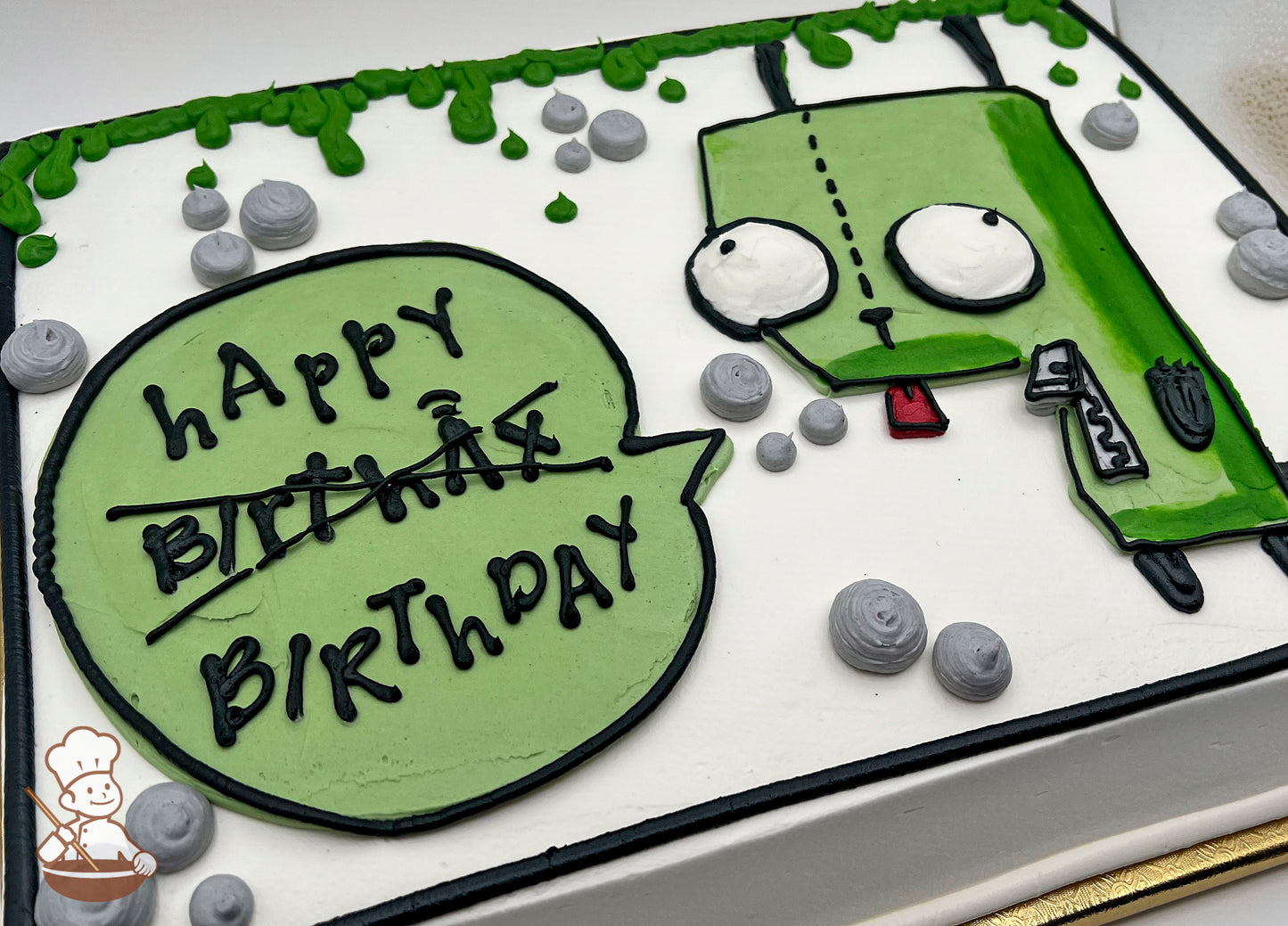 Sheet cake with buttercream decorations featuring Invader Zim's GIR in green, a speech bubble, gray dots, and green slime.