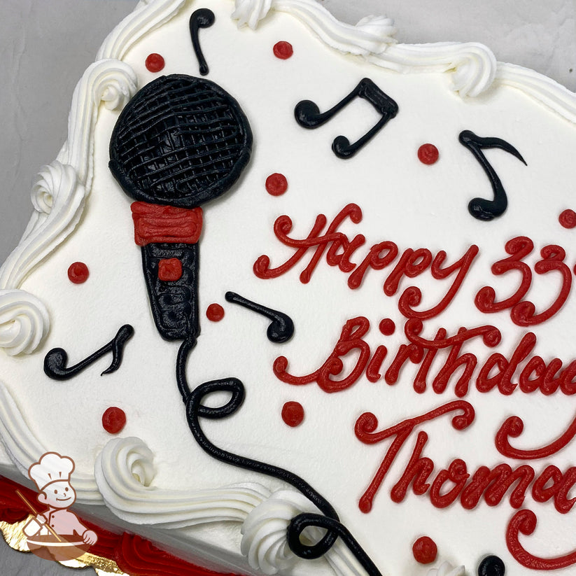 Sheet cake with buttercream microphone, music notes, and red dots. White frosting borders the edges.