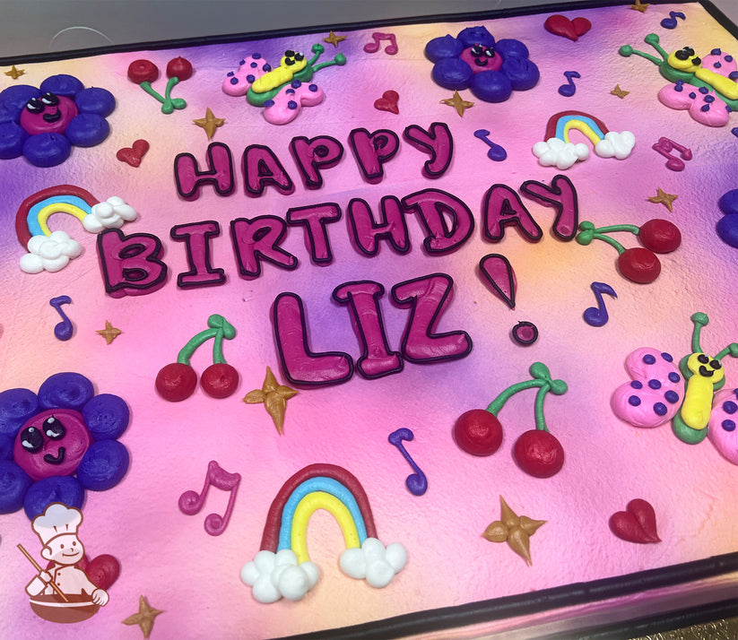 Colorful sheet cake with a pink and purple gradient background, decorated with buttercream flowers, rainbows, music notes, stars, cherries, butterflies, and hearts.