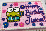Kerokerokeroppi character in buttercream on a pink sheet cake, surrounded by colorful buttercream flowers and white dots, with a white piped border.
