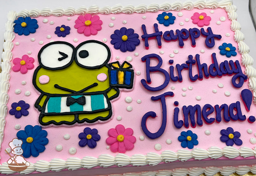 Kerokerokeroppi character in buttercream on a pink sheet cake, surrounded by colorful buttercream flowers and white dots, with a white piped border.