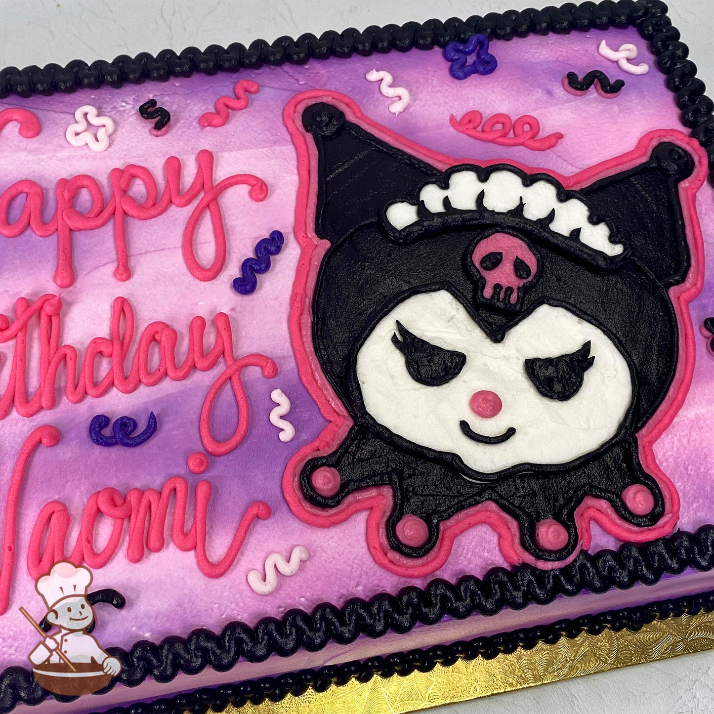 Sheet cake with purple and pink icing gradient, featuring a Kuromi character design in black, white, and pink, surrounded by colorful confetti accents.