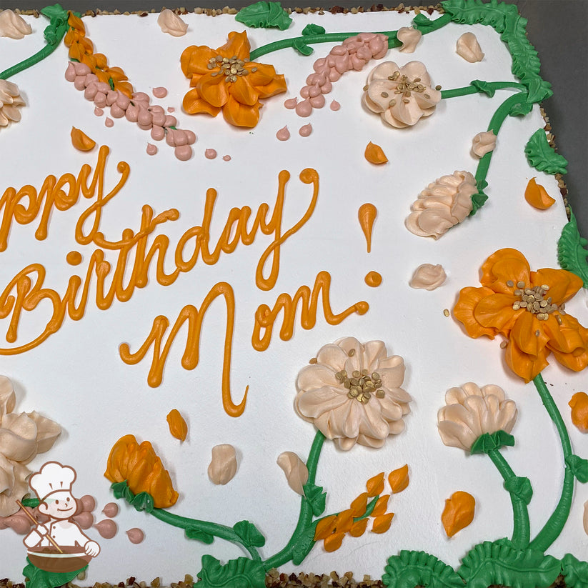 Sheet cake with white frosting, decorated with orange and peach buttercream flowers, green stems, and pink lupine-like blossoms.