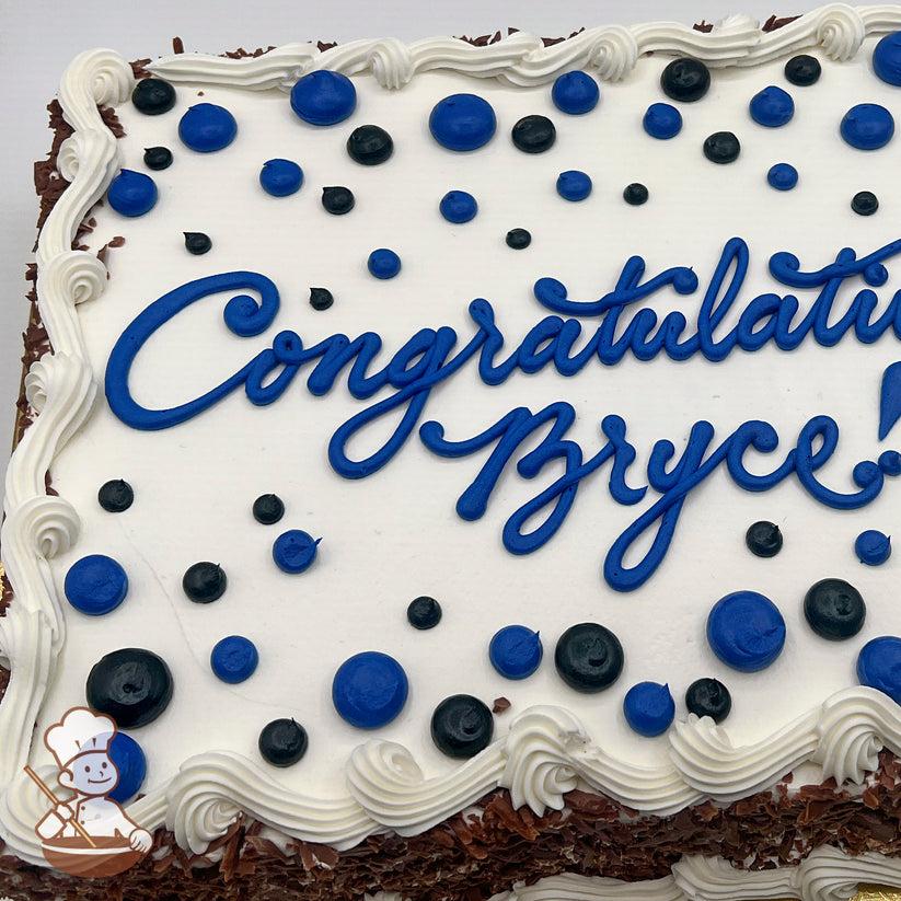 A sheet cake with white frosting, blue and black buttercream dots and white piped borders.