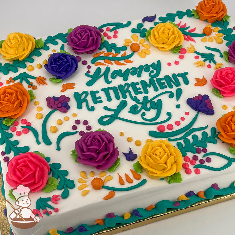 Sheet cake with colorful buttercream roses, including yellow, pink, orange, and purple. Decorated with vines, dots, and leaves in a festive Mexican Fiesta style.