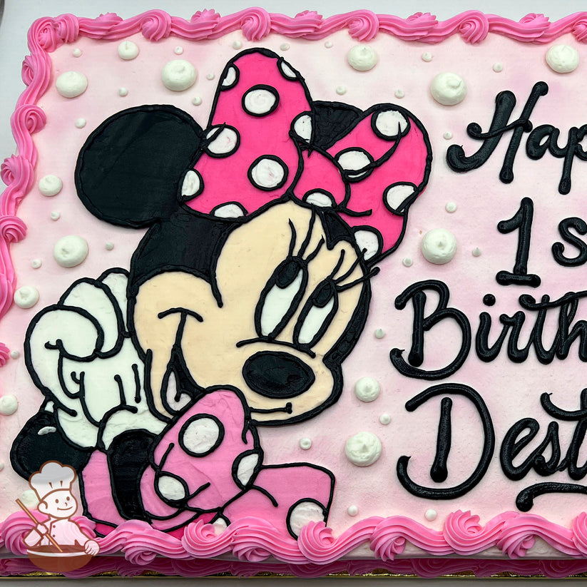 Pink sheet cake with a buttercream portrait of Minnie Mouse, featuring her pink polka-dot bow and dress. Pink swirled border and white dot accents.
