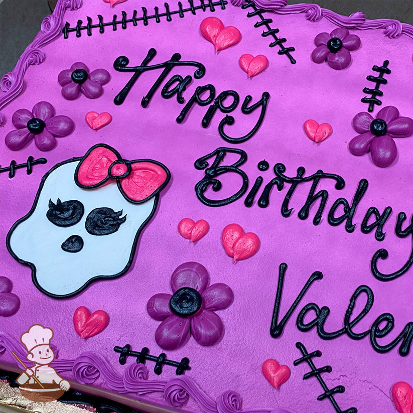 Purple sheet cake with buttercream decorations, including black stitches, pink hearts, purple flowers, and a Monster High skull with a pink bow.