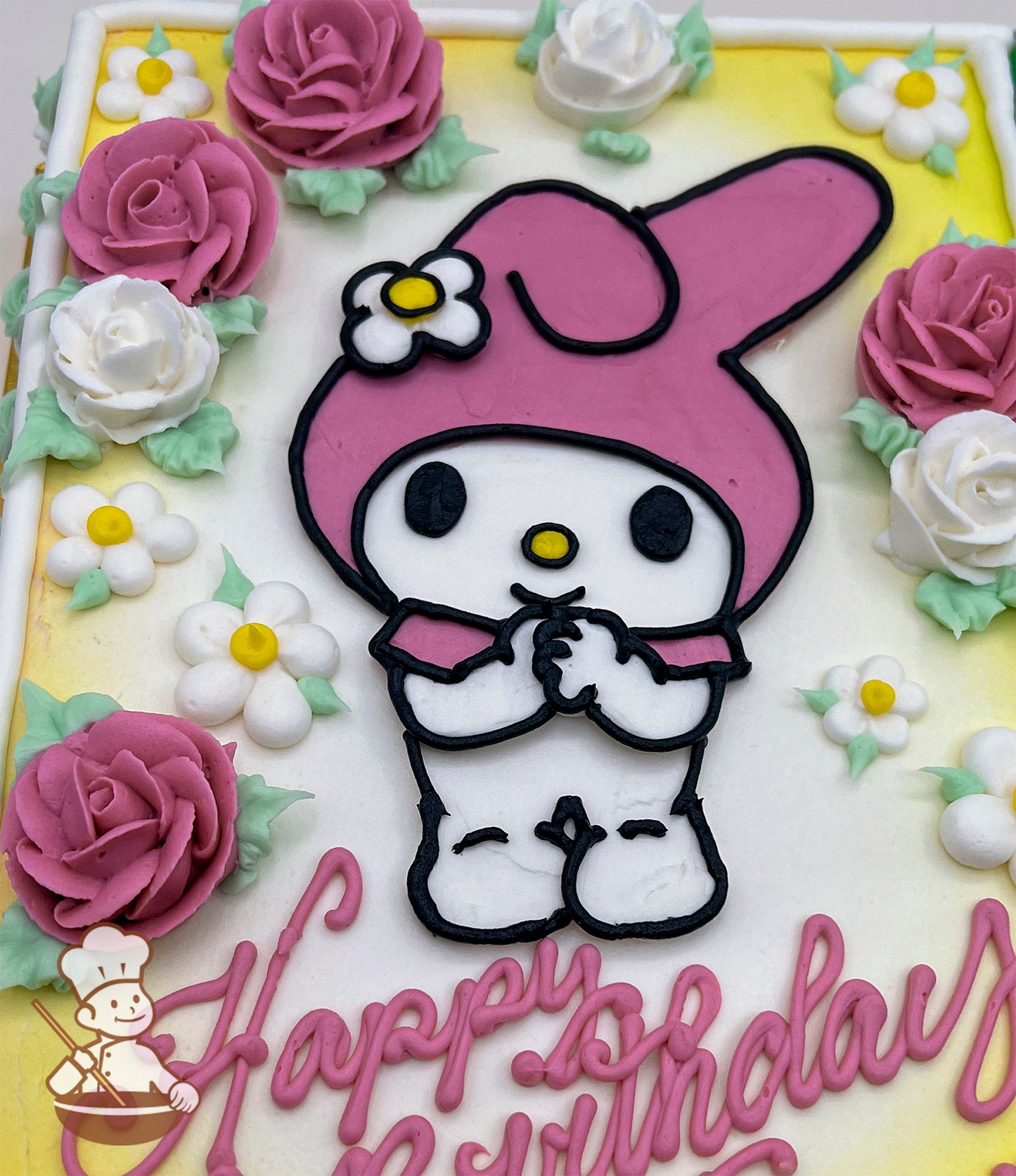 A sheet cake with a buttercream My Melody character in pink and white, surrounded by pink and white buttercream roses, daisies, and green leaves.
