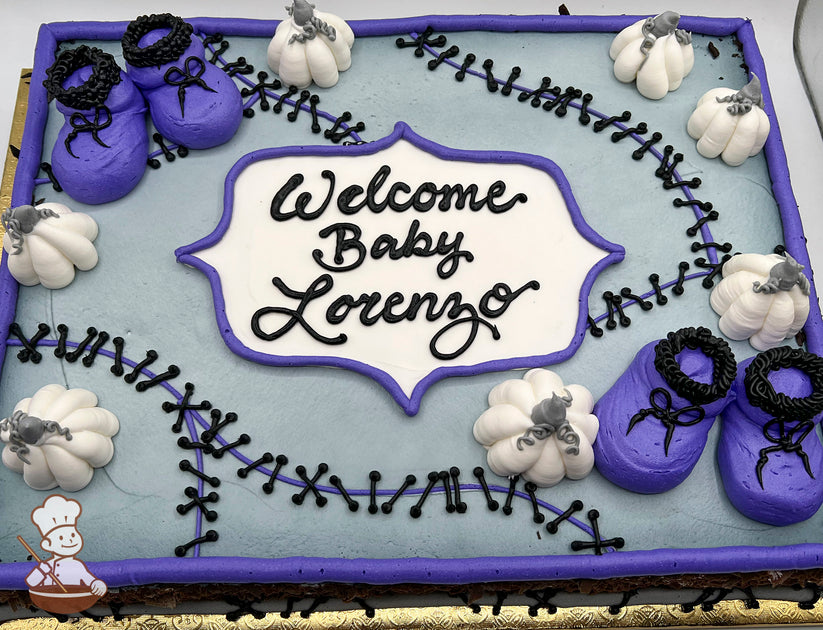 Sheet cake with light gray icing, purple border, black stitch designs, white pumpkins with gray stems, and purple baby booties with black laces.