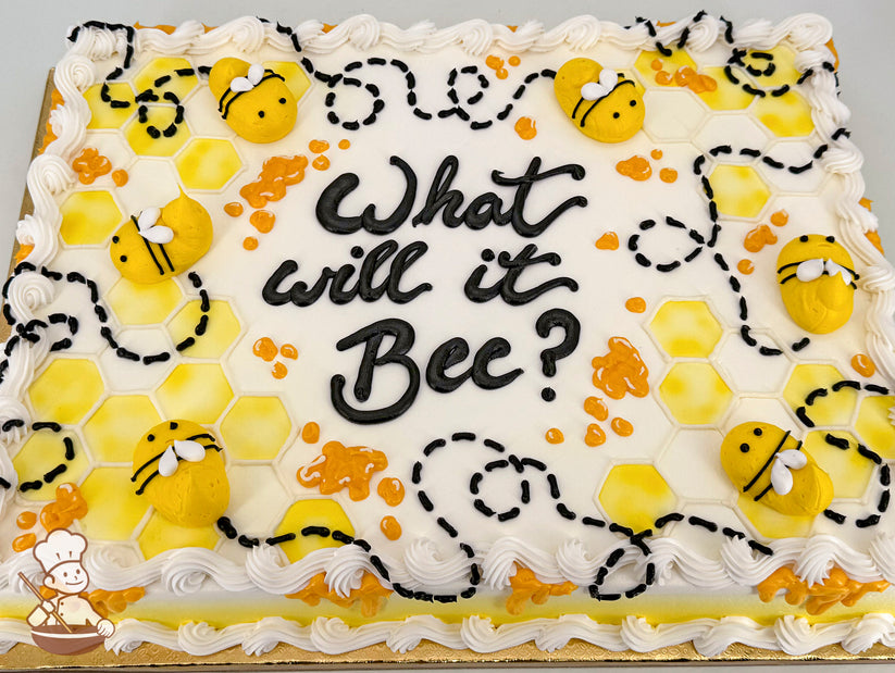 Sheet cake with white frosting, decorated with yellow honeycomb patterns, piped black bee trails, yellow buttercream bees, and honey drips.