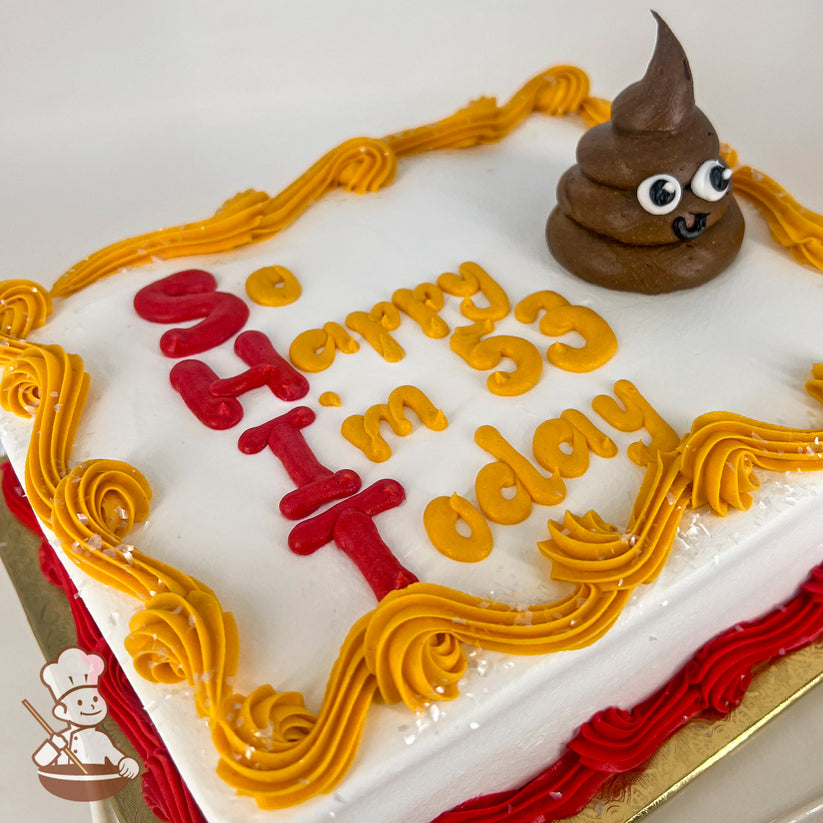 A white sheet cake with yellow and red buttercream borders and a brown poop emoji decoration with googly eyes in the top right corner.