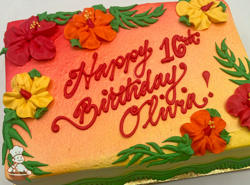 Ombre sheet cake with red, orange, and yellow buttercream hibiscus flowers, green leaf accents, and a gradient background of red, orange, and yellow.