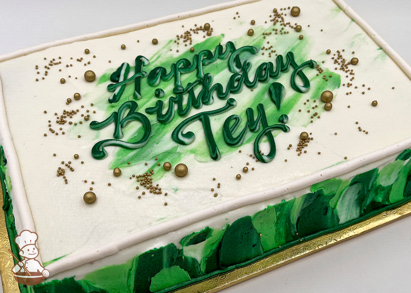 Sheet cake with green buttercream paint swirls, gold sugar pearls, and textured paint-like decorations.