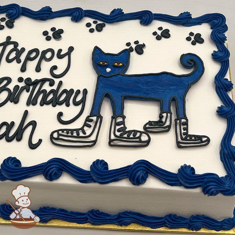 Sheet cake with a buttercream decoration of Pete the Cat wearing sneakers, surrounded by black paw prints and bordered with blue frosting swirls.