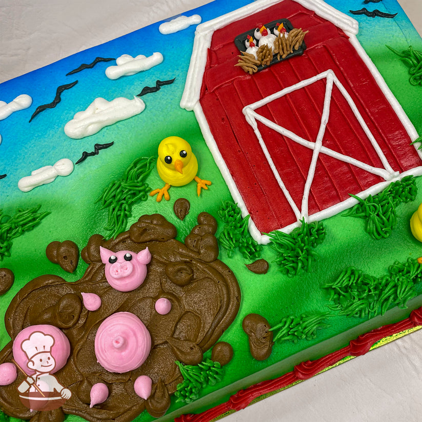 Sheet cake with buttercream decorations of a red barn, pigs in mud, yellow chicks, white hens, green grass, blue sky, white clouds, and black birds.