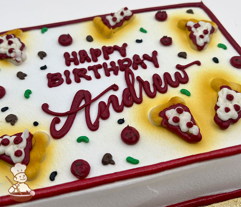 Sheet cake with buttercream pizza slice decorations, red and white frosting details, and toppings resembling pepperoni, mushrooms, and bell peppers.