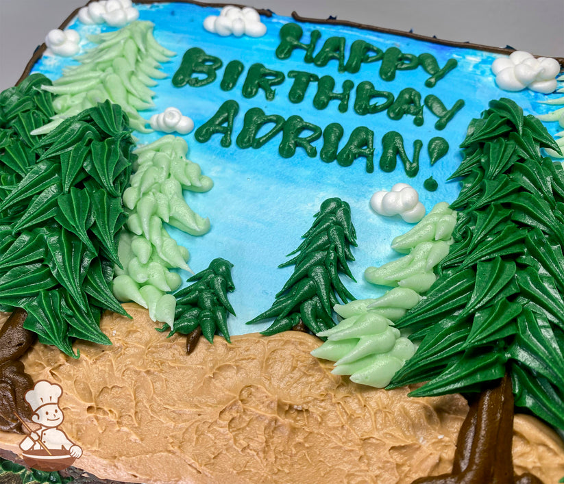Sheet cake with buttercream decorations of green and light green trees, white clouds, a blue sky, and textured brown dirt resembling a forest scene.