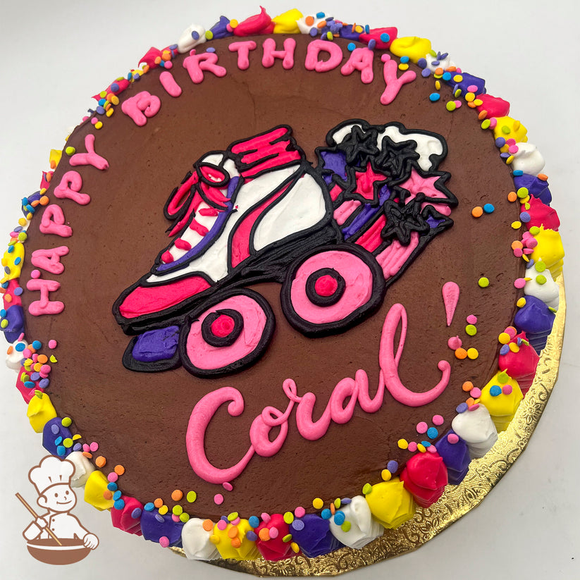 Sheet cake with a buttercream roller skate design, surrounded by stars and colorful sprinkles. Edged with vibrant, colorful trim.