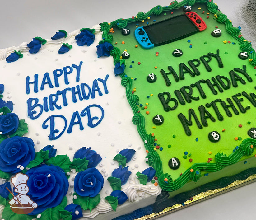 Sheet cake with two sections: one white with blue buttercream roses and green leaves, the other green with a Nintendo Switch design and game control buttons.