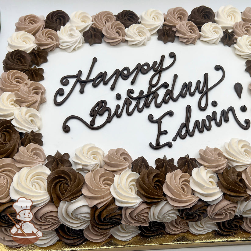 Sheet cake with a white base, decorated with a partial wrap of rosette swirls in brown, light brown, and white, accented with small star-shaped swirls.