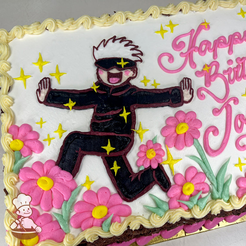 Sheet cake with buttercream decorations of Satoru Gojo in a playful pose, surrounded by pink flowers, green leaves, and yellow sparkles.
