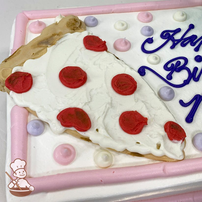 A sheet cake with pink buttercream borders, pink, purple and ivory dots, decorated with a large slice of pizza made of icing, featuring red pepperoni and white cheese details.