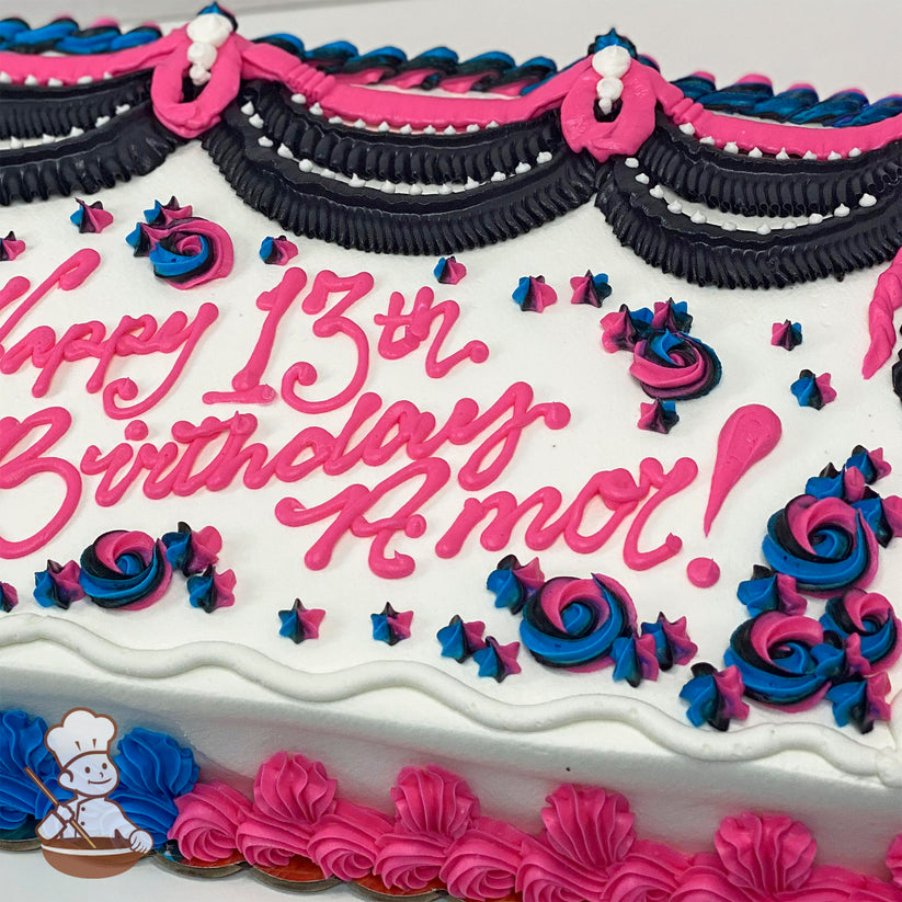 Sheet cake with white frosting, pink and black curtain-like swirls at the top, pink and blue rosettes, and small star decorations.