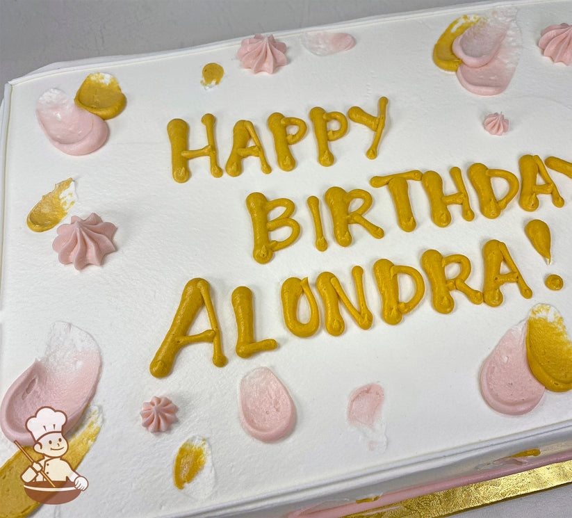 White sheet cake with pink and yellow buttercream star swirls and paint-like marks.