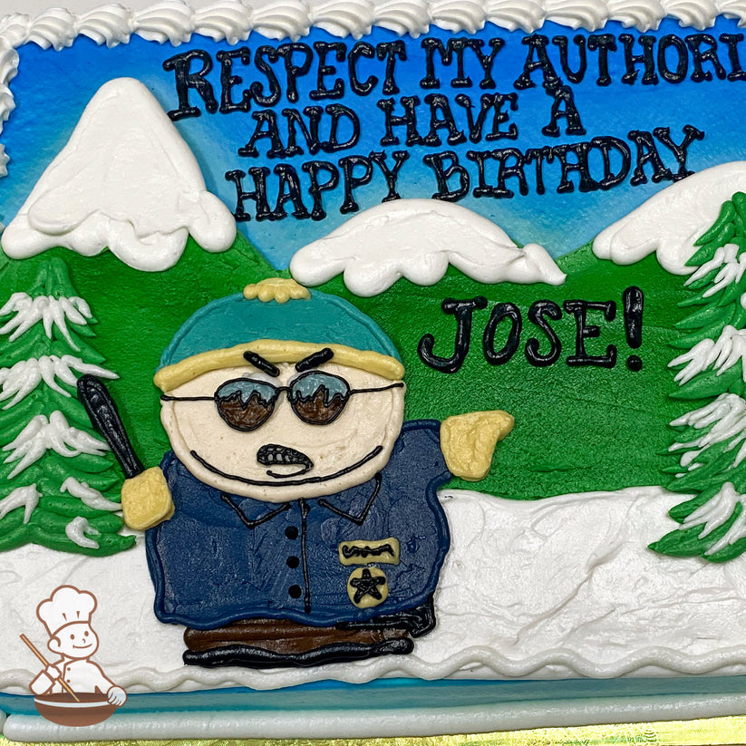 Sheet cake with buttercream decorations of South Park's Cartman in a police uniform, surrounded by snow, pine trees, and mountains under a blue sky.