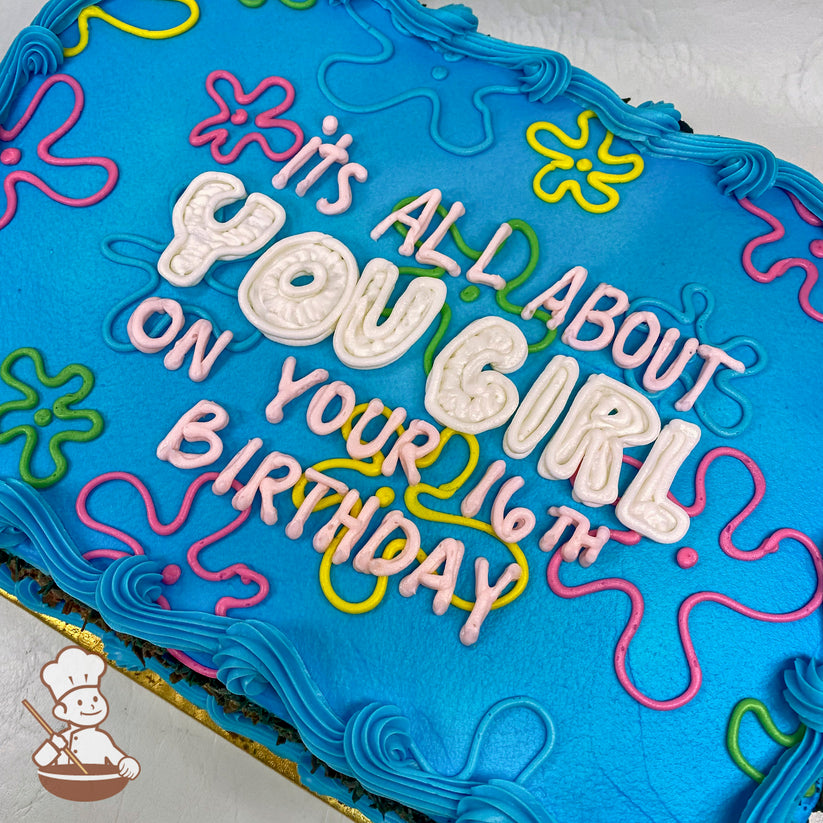 Blue sheet cake with colorful SpongeBob-style flower clouds in pink, yellow, and green, bordered by blue buttercream swirls.