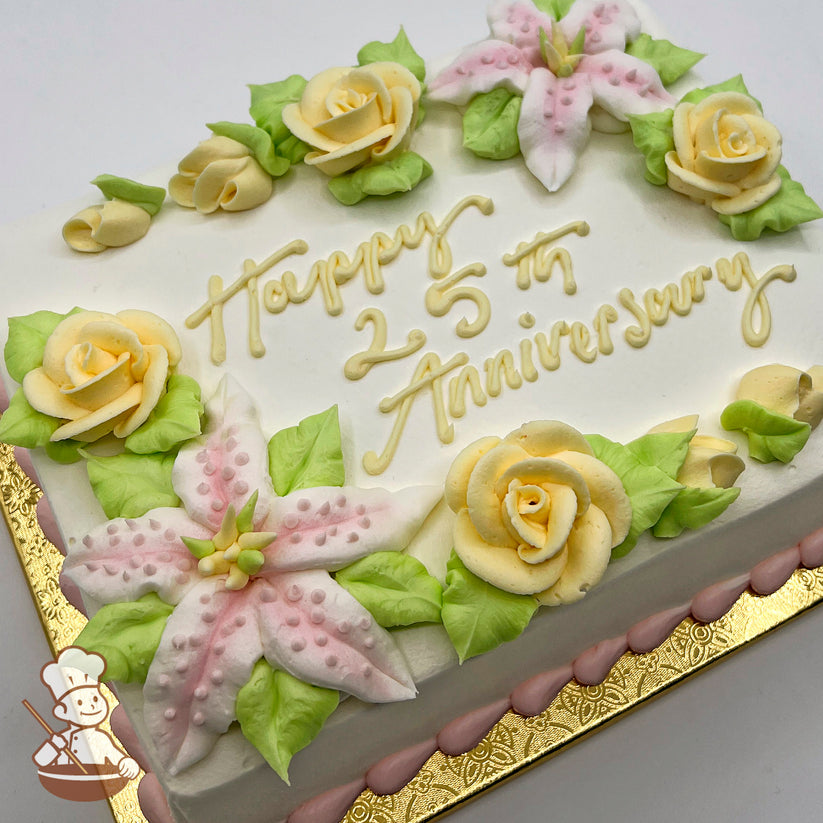Sheet cake with buttercream decorations featuring yellow roses, a pink stargazer lily, and green leaves. Pink frosting border on a gold base.