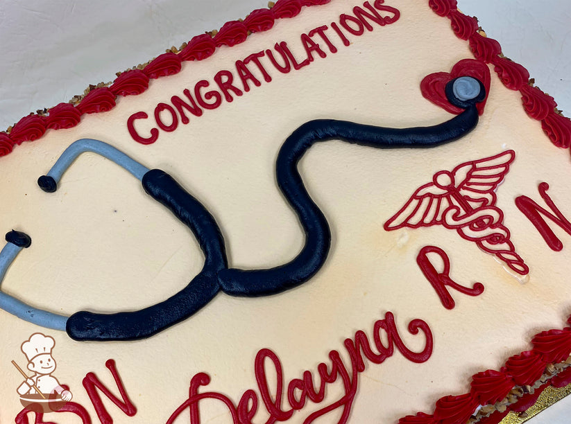 Sheet cake with buttercream decorations, featuring a stethoscope design, RN symbol, and red piped borders.