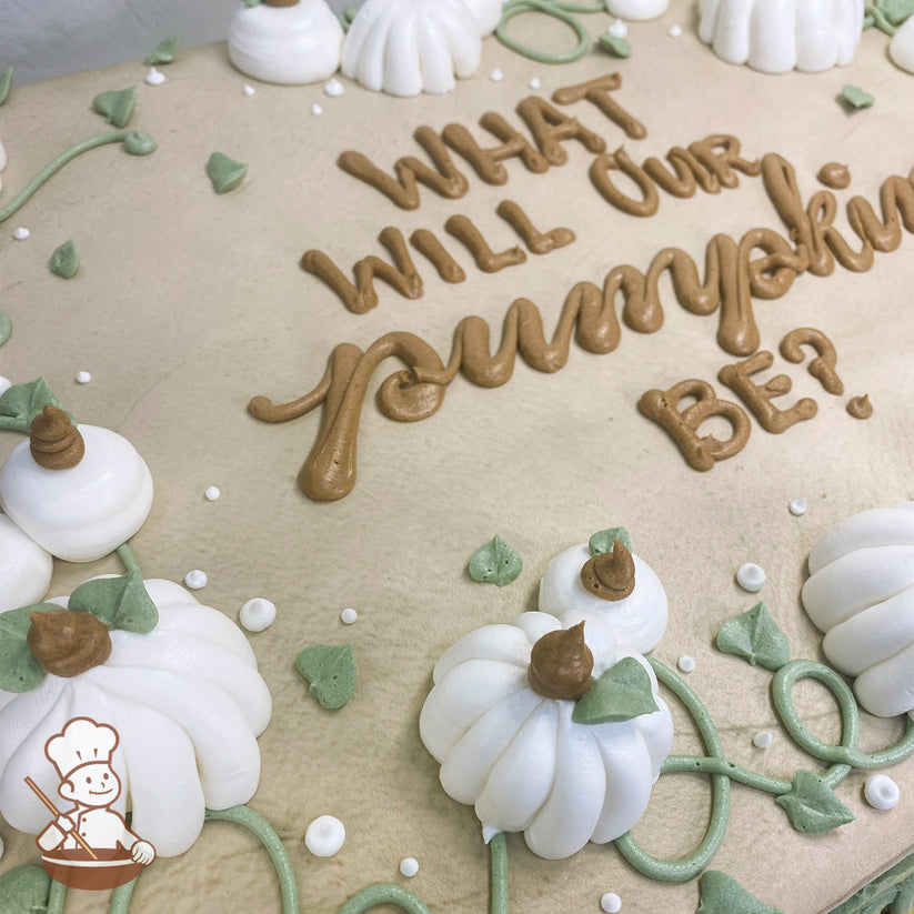 Sheet cake with buttercream pumpkins, green vines, and white dots. White pumpkins with brown stems and green leaves decorate the surface.