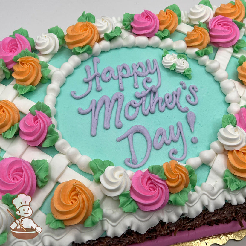 Sheet cake with buttercream decorations, featuring pink, orange, and white swirlette flowers, green leaves, and a white lattice design on a light blue background.
