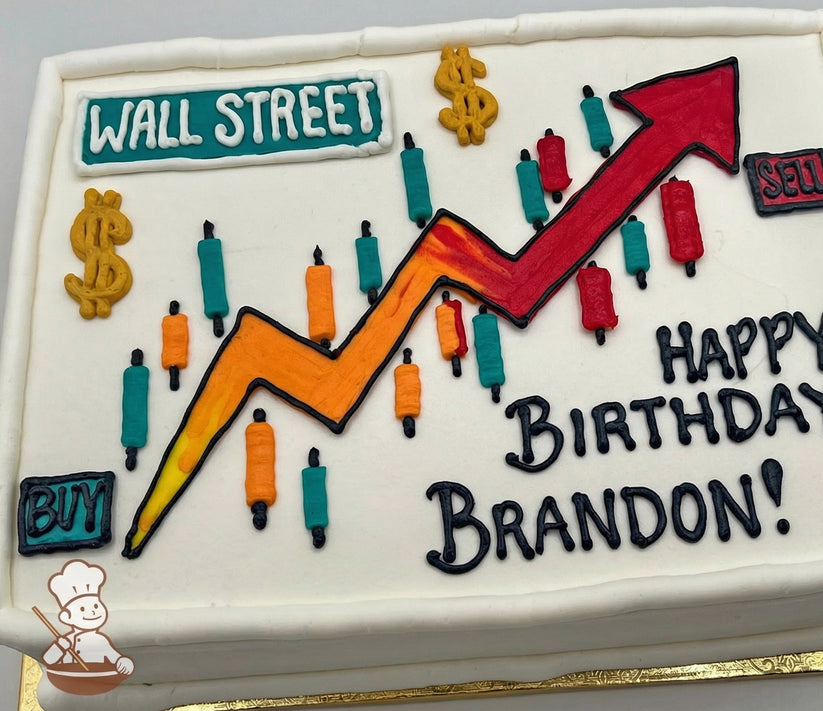 Sheet cake with buttercream decorations, featuring a red upward arrow, candlestick chart designs, dollar signs, and "Wall Street" in a green rectangle.