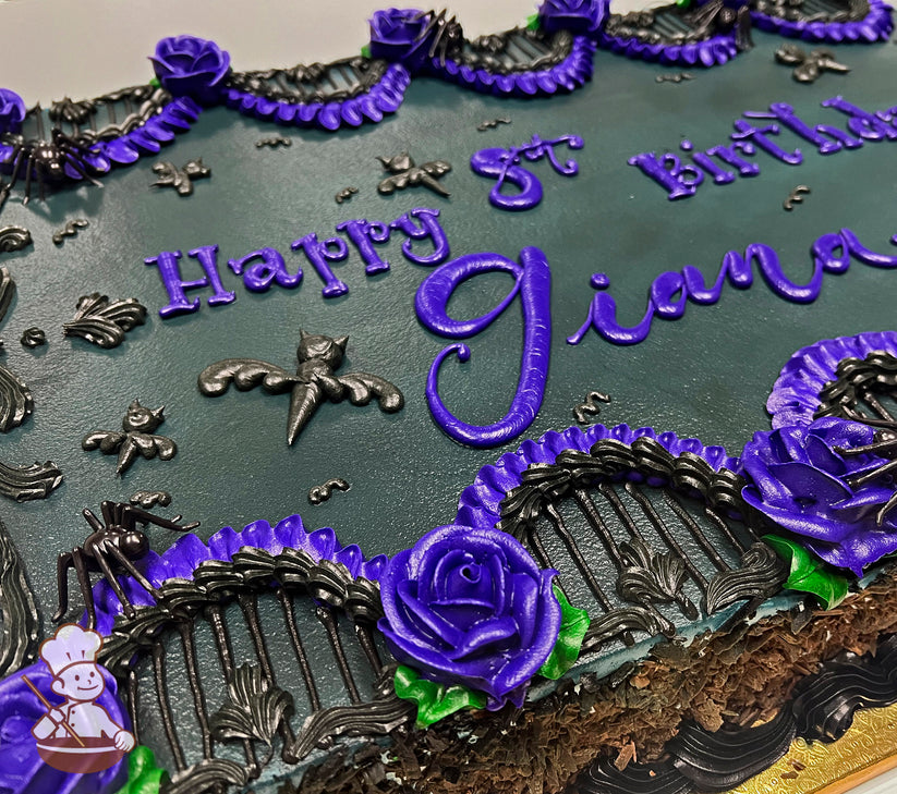 A sheet cake with black frosting, decorated with purple buttercream roses, black bats, and black gate designs.