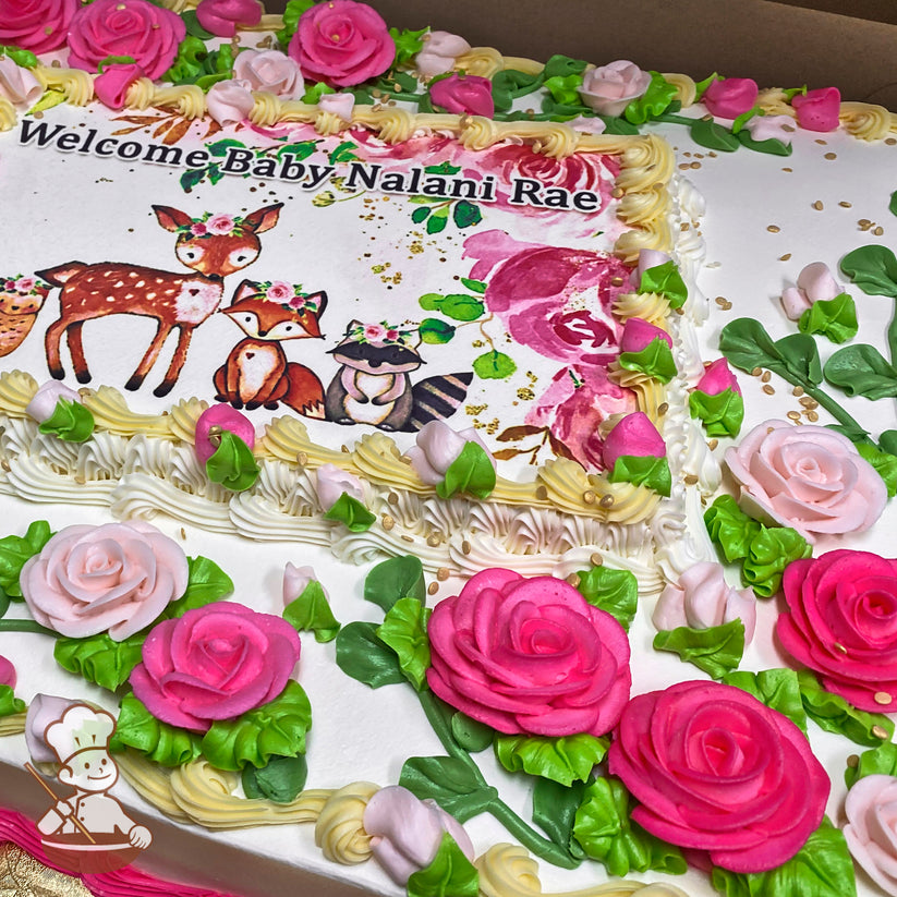 Sheet cake with buttercream decorations featuring pink and light pink roses, green leaves, and vines. Yellow piping borders the printed photo layer.